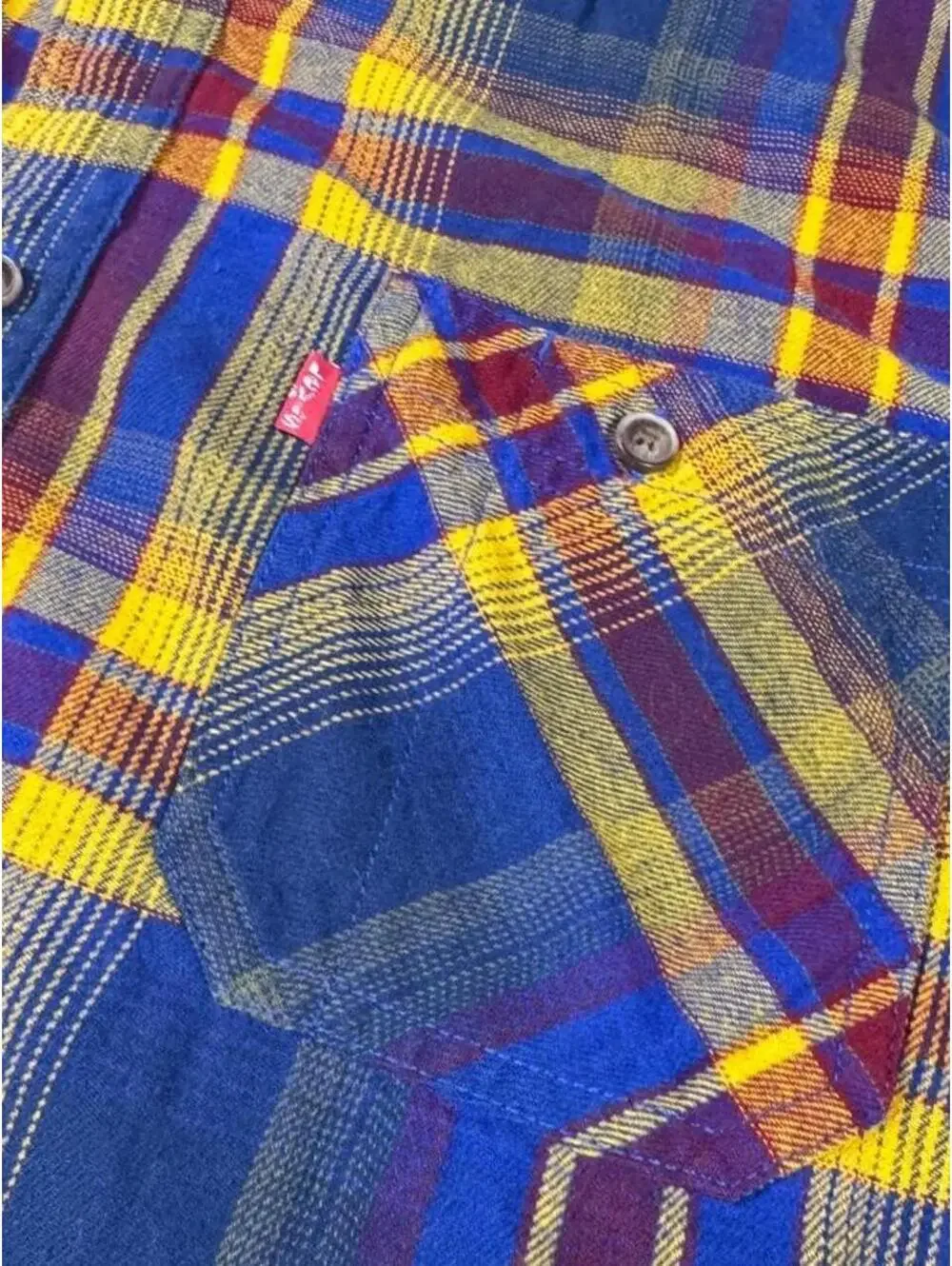 Levi’s Plaid Flannel Shirt Men’s Large Navy Mustard Burgundy Long Sleeve